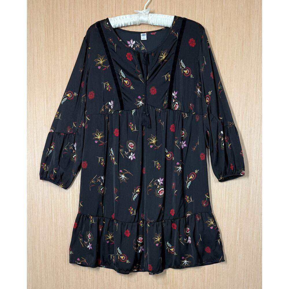 Old Navy Velvet Trim Black Floral Dress Womens Size Medium Tassels Satin